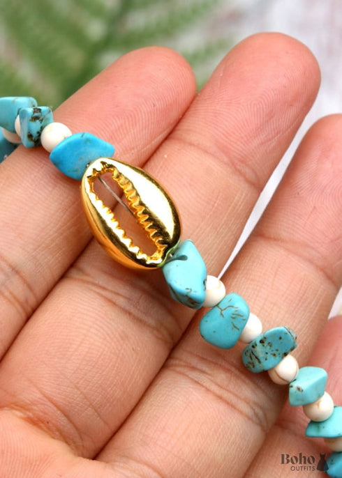 Boho Necklace, Blue Colorful Gold Shell